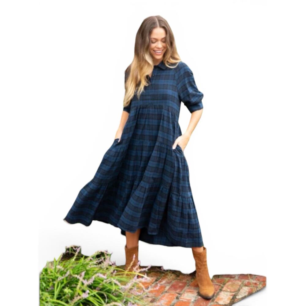 Natural Life Rebecca Plaid Tiered Midi Dress Blue Black Collared Boho Cottage L